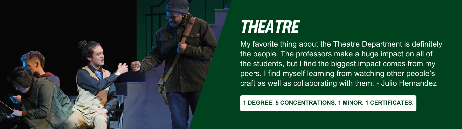 Department of Theatre banner: 1 degree. 5 concentrations. 1 minor. 1 certificate.