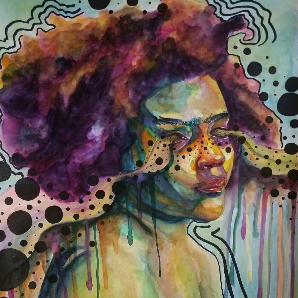 watercolor painting of a woman with dots coming out of her eyes