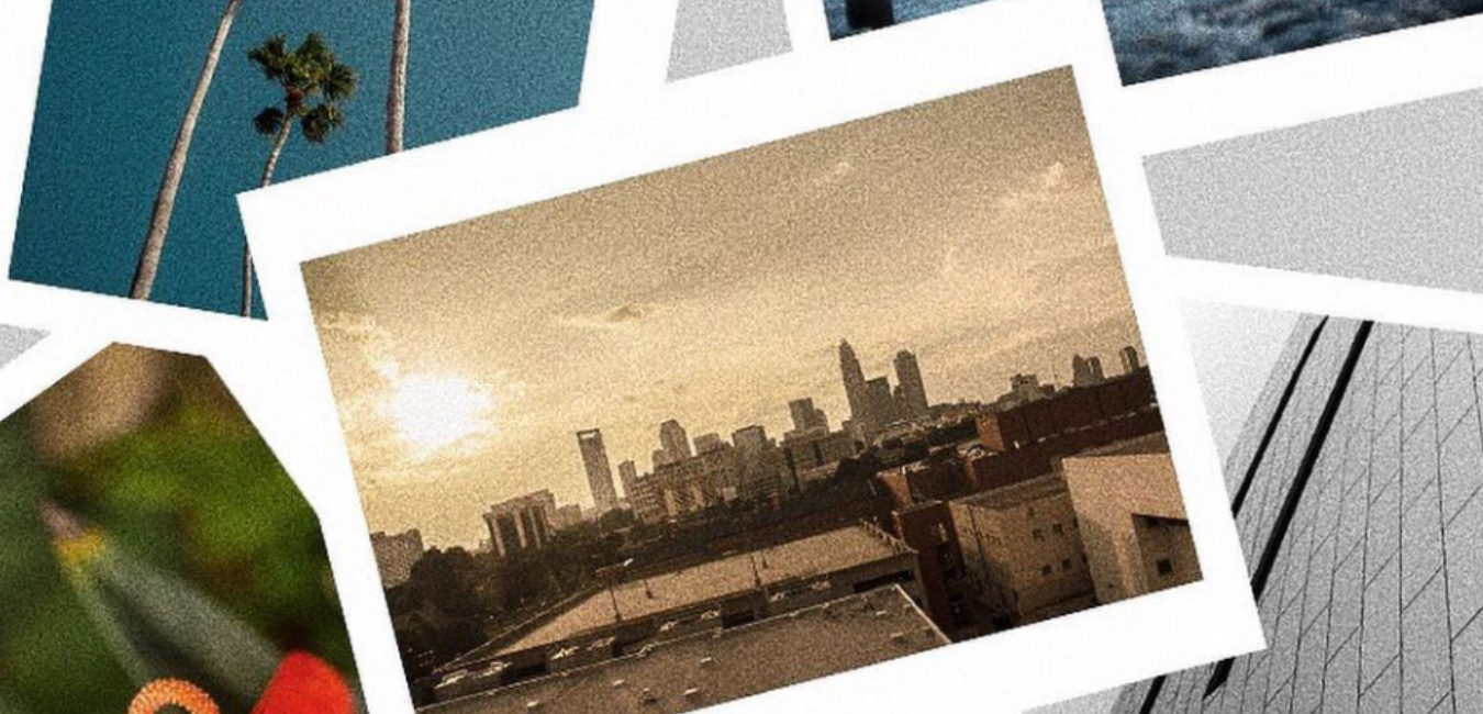 collage of grainy polaroid photos including one of the CLT skyline