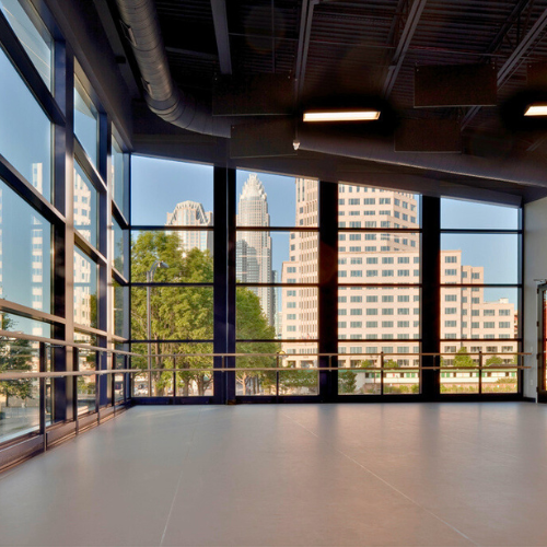view of the city through charlotte ballet studios