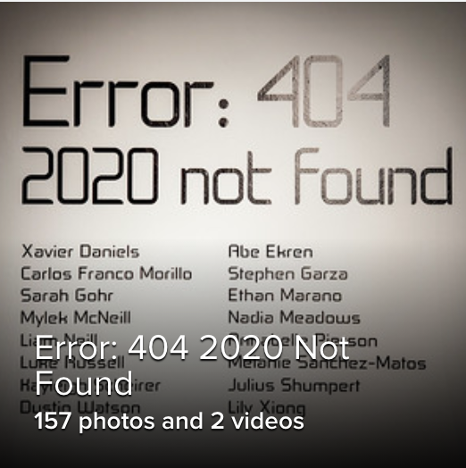 title of exhibition "error 4040: 2020 not found" in black and white and code like text