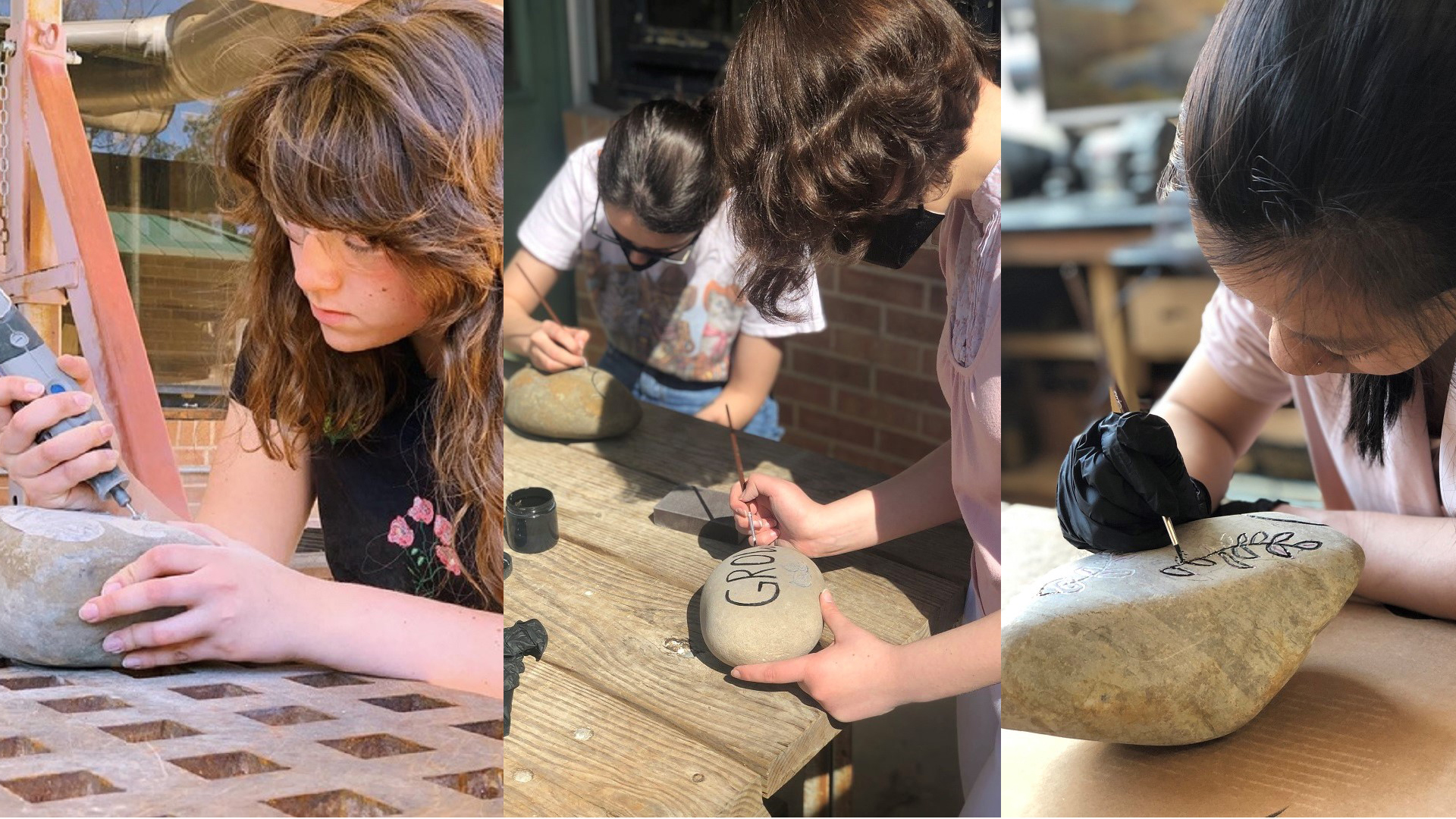 students engraving and painting stones