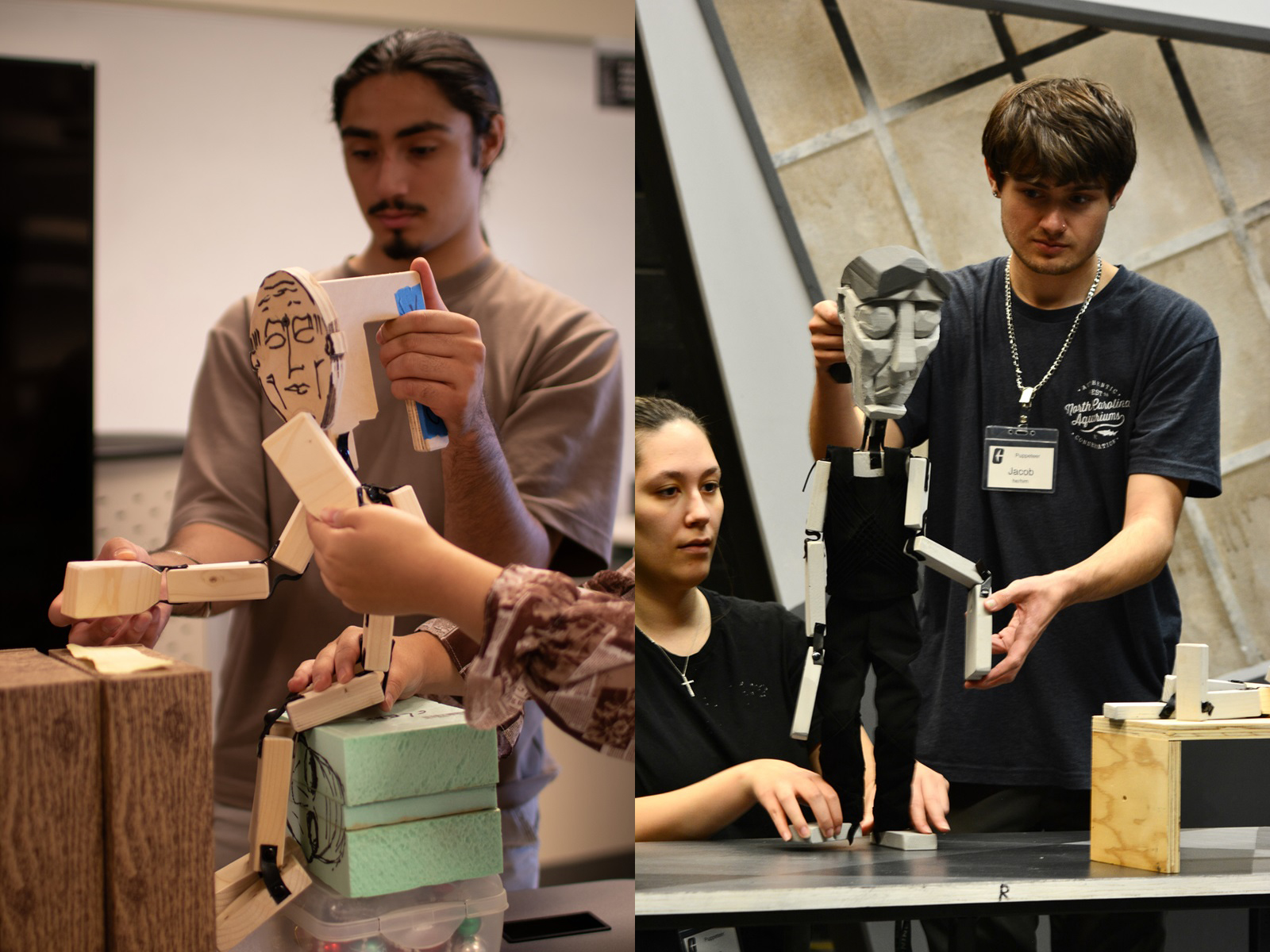 composite image of students Diego Milner and Jacob Scannell operating puppets
