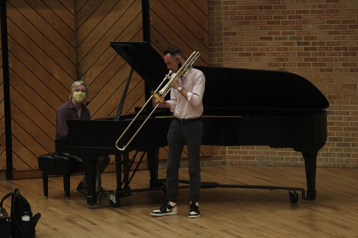 trombone and piano student playing