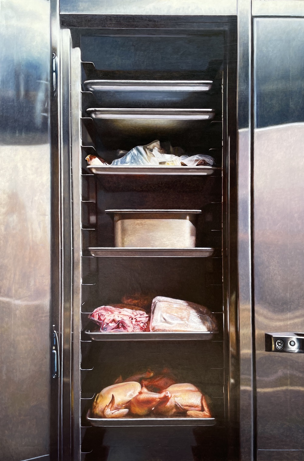 painting of industrial freezer with food by Andrew Leventis