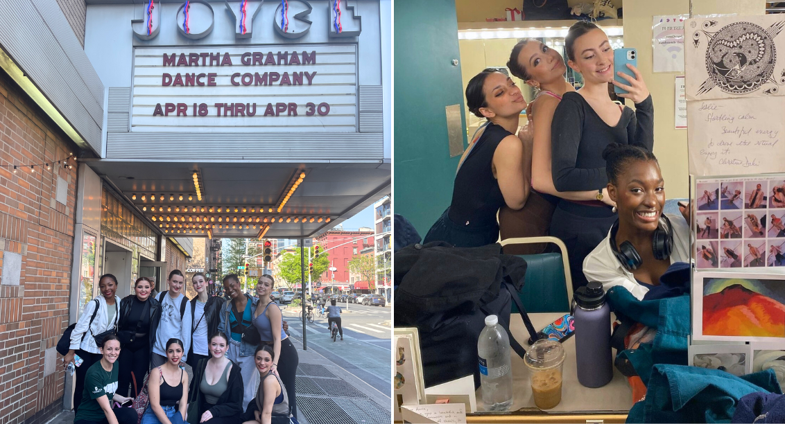 students outside the Joyce Theater and inside a dressing room