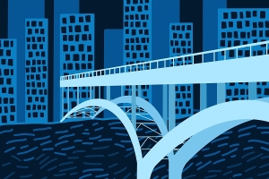 graphic of bridge over a river in a city