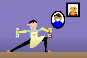still from animation showing person cleaning surfaces