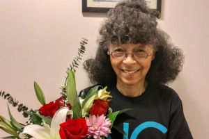 Karen Hubbard holding flowers
