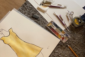 painting in process of yellow dress