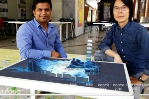 Ankit Kelkar and Ming-Chun Lee with the augmented reality mapping project at the Powerhouse Studio.
