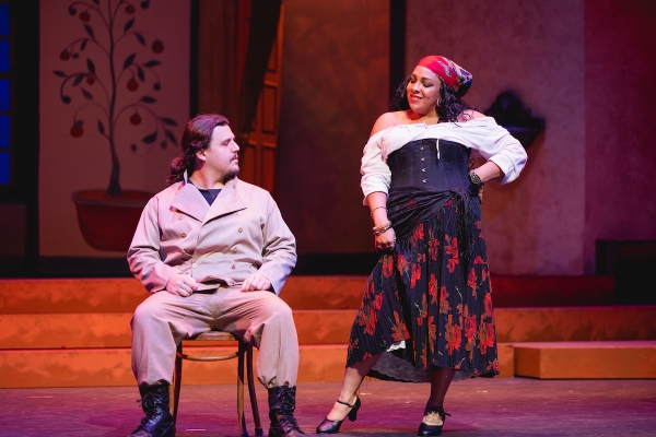 characters Don Jose and Carmen on stage in the opera, Carmen.