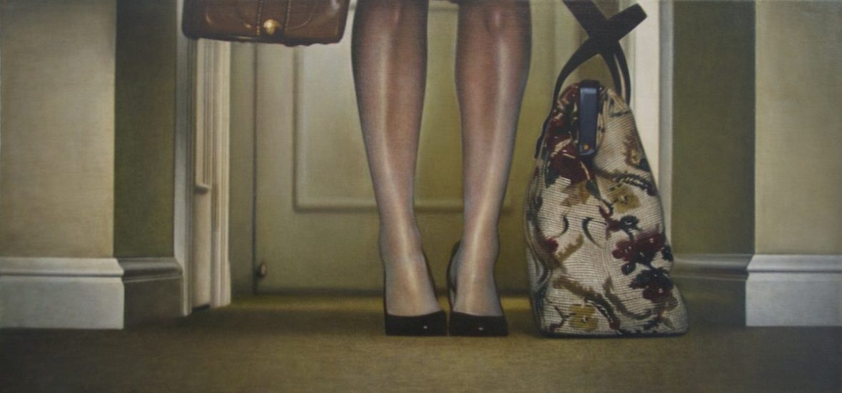 painting of a woman focused on her shoes and a bag on the ground
