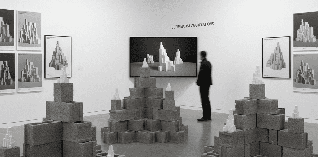 black and white image with blocks and models