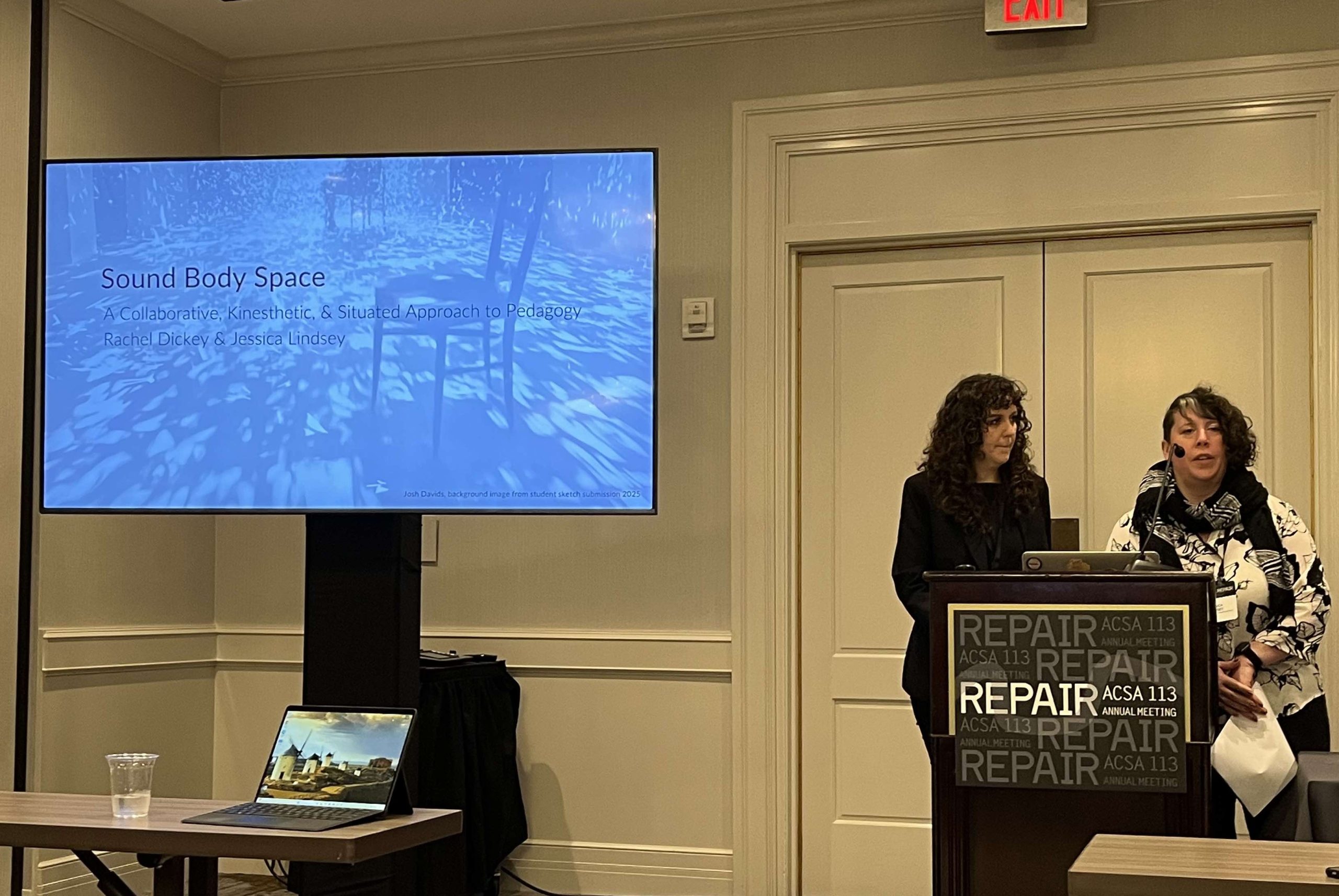 Professors Rachel Dickey (left) and Jessica Lindsey presenting at the 2025 Association of Collegiate Schools of Architecture 113th Annual Meeting.