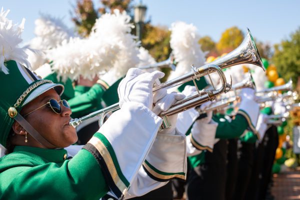 Marching band students outside