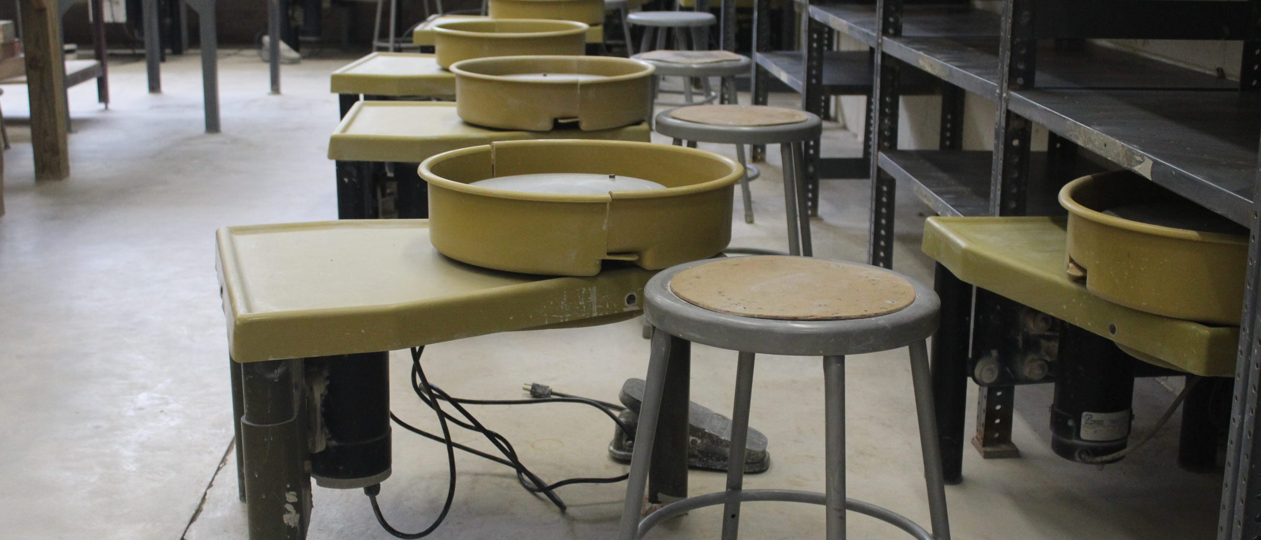 Close-up of the pottery wheels
