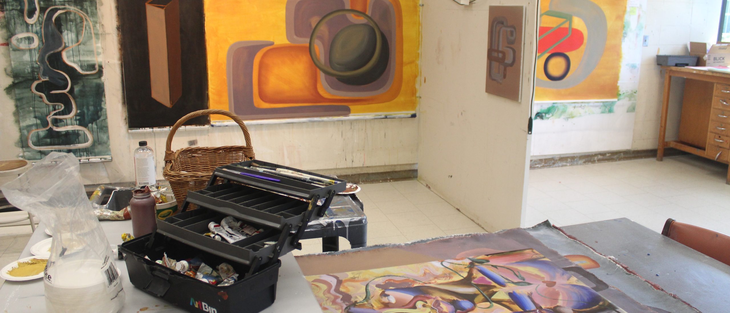 Close-up view of painting materials in the lab