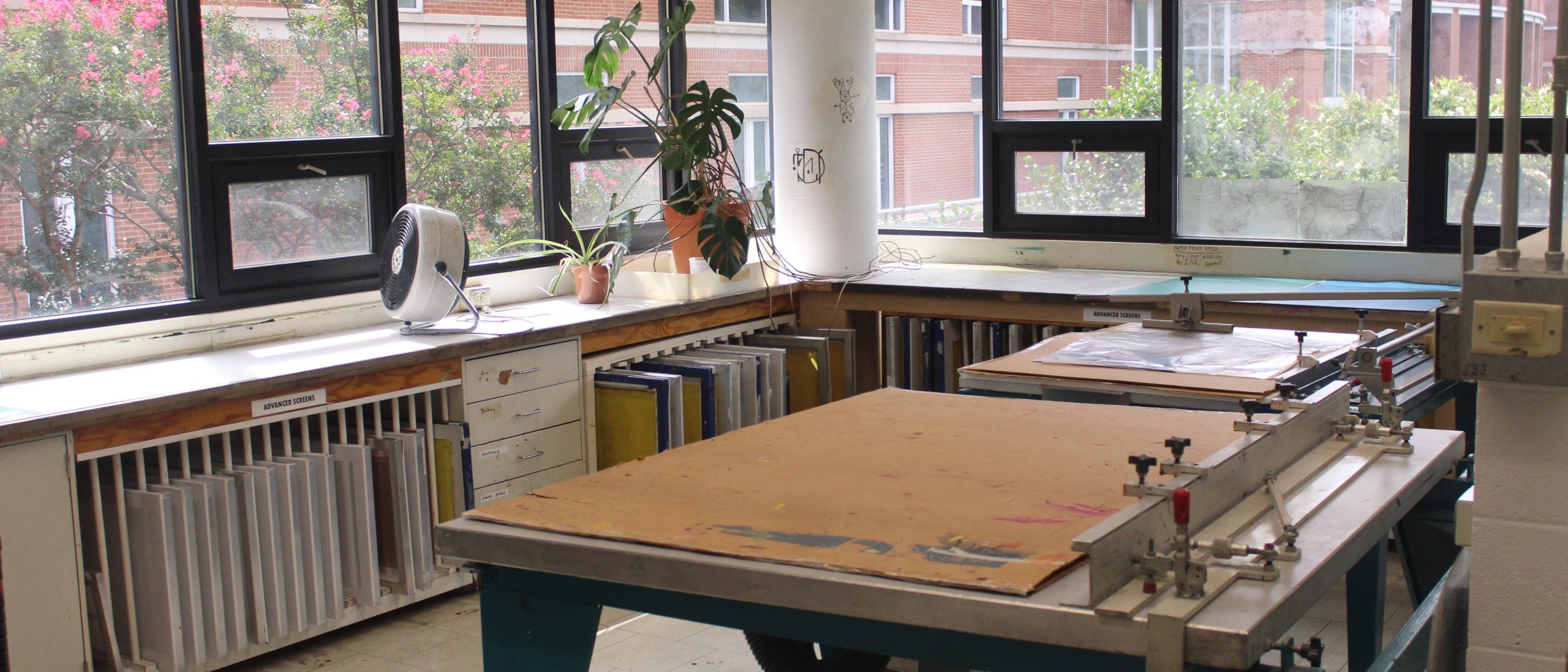 Printmaking tables in the lab