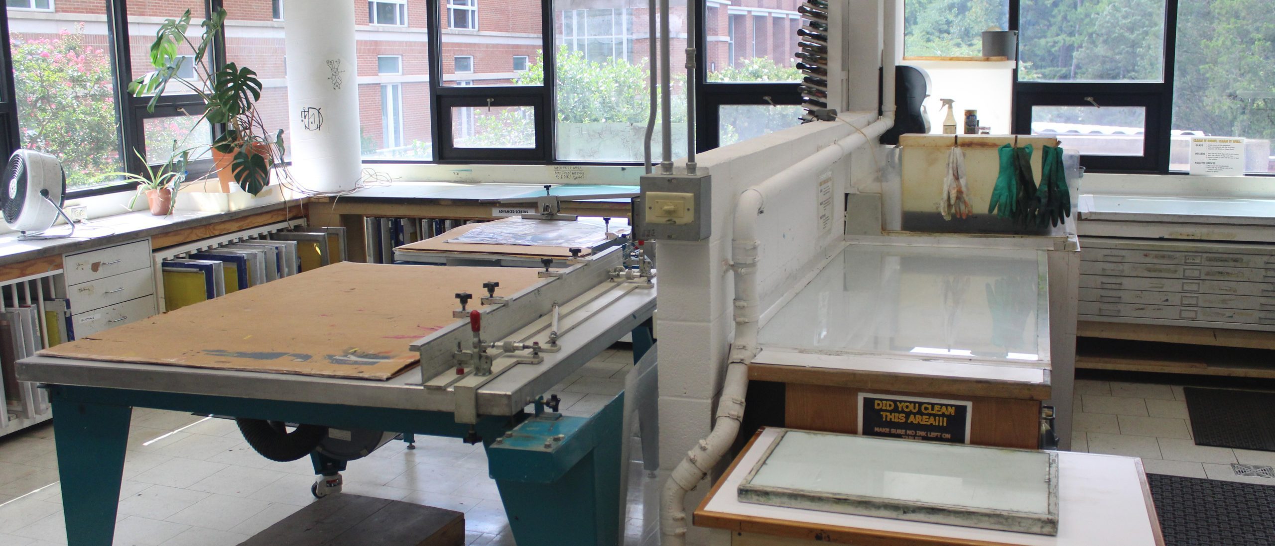 Two tables in the print media lab