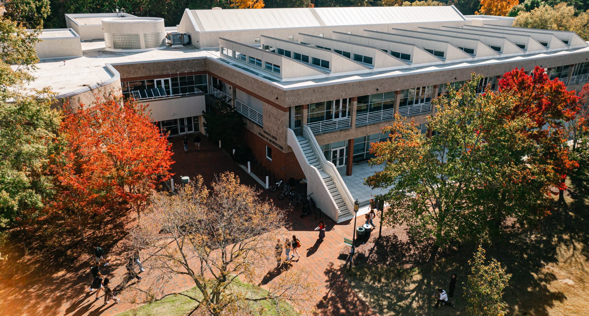 arial view of Storrs hall in the fall time