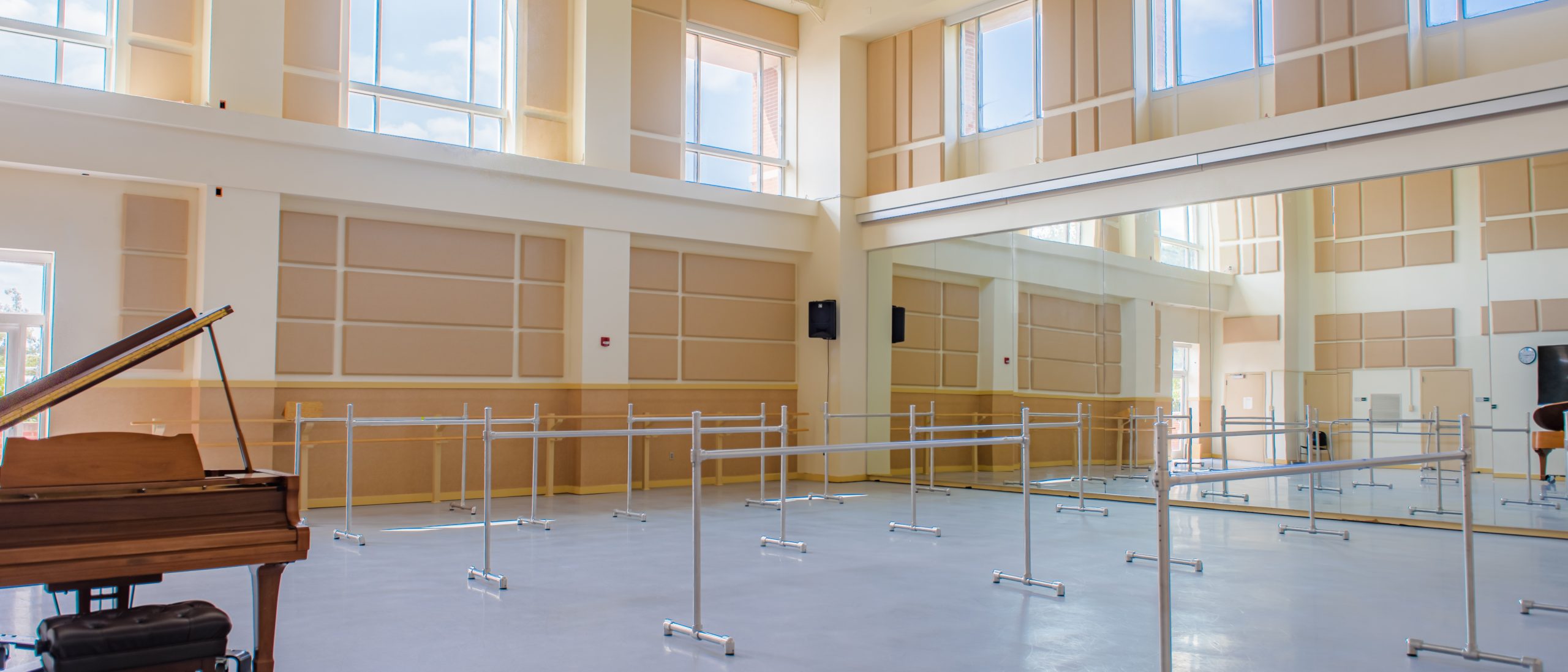 Empty studio, Robinson 115, with the ballet barres out