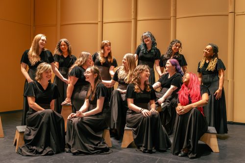 Group of women from the Charlotteans on stage in their black dresses