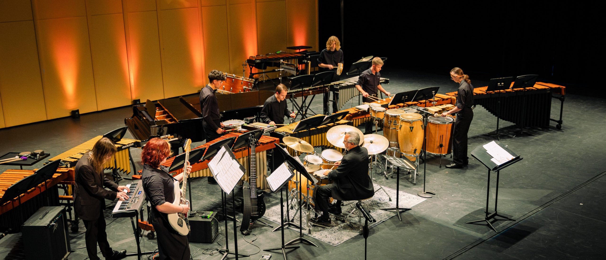 Percussion Ensemble in performance on Belk Theater stage