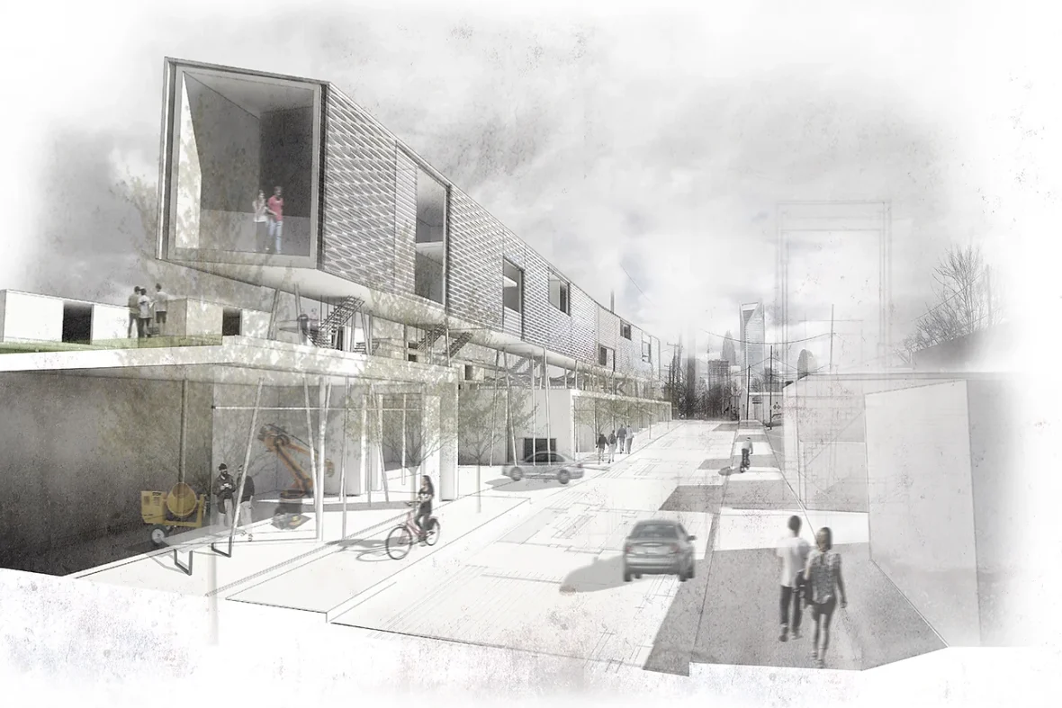 Architectural sketch of a building on a sidewalk