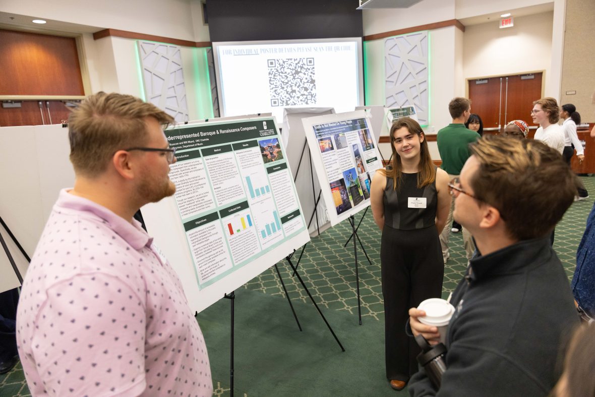 A male and female music student presenting their research with a poster behind them