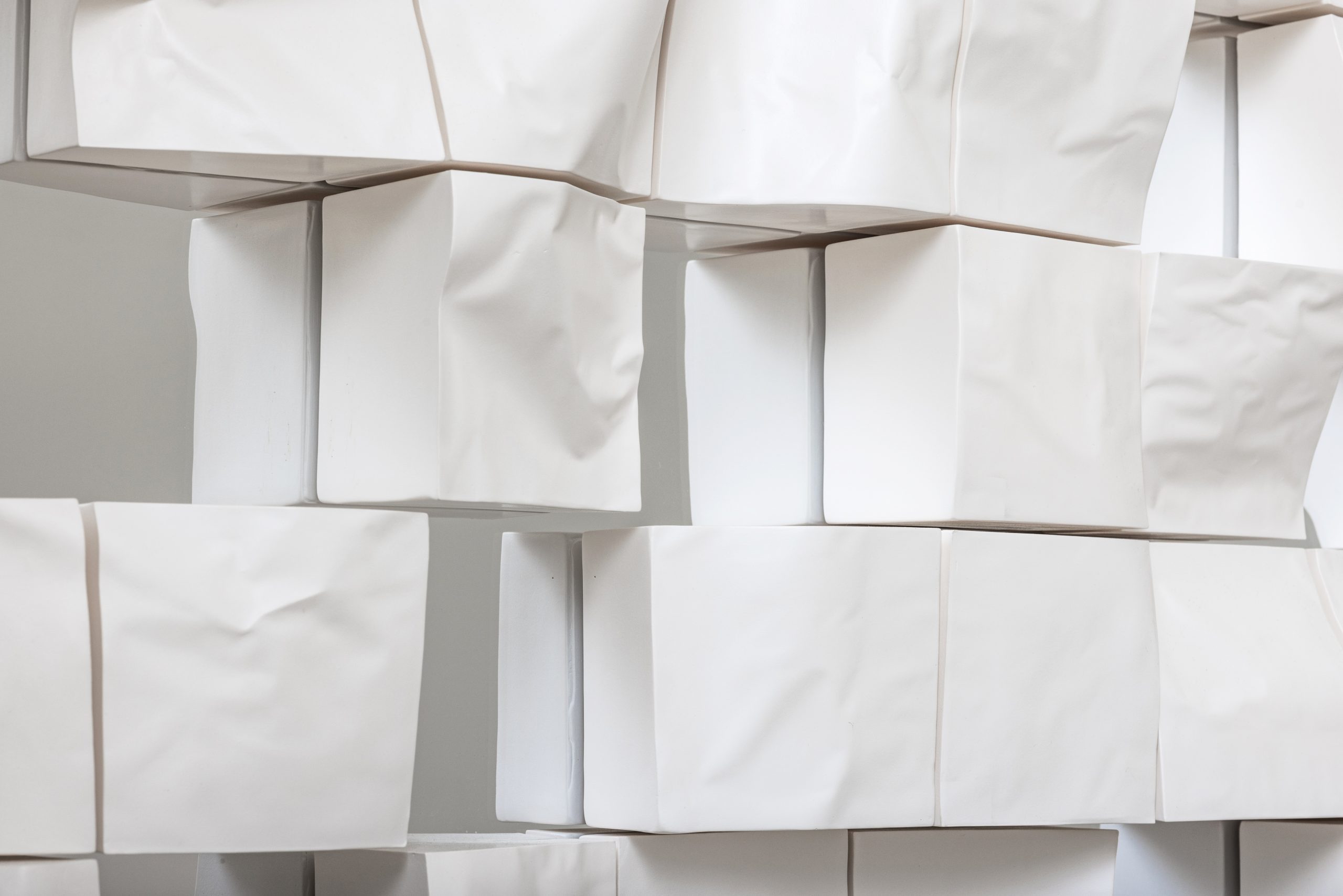 detail of the ceramic installation, "Sampled Spaces Mirror."