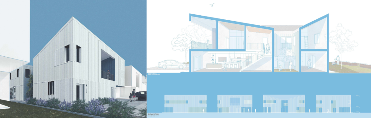 Rendering and plan elevation for Team 1's Three-Ply house project