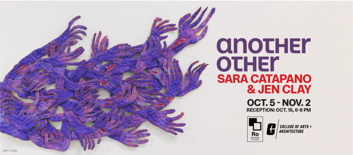 Promotional graphic for Another Other: Sara Catapano and Jen Clay, showing an artwork depicting quilted purple hands