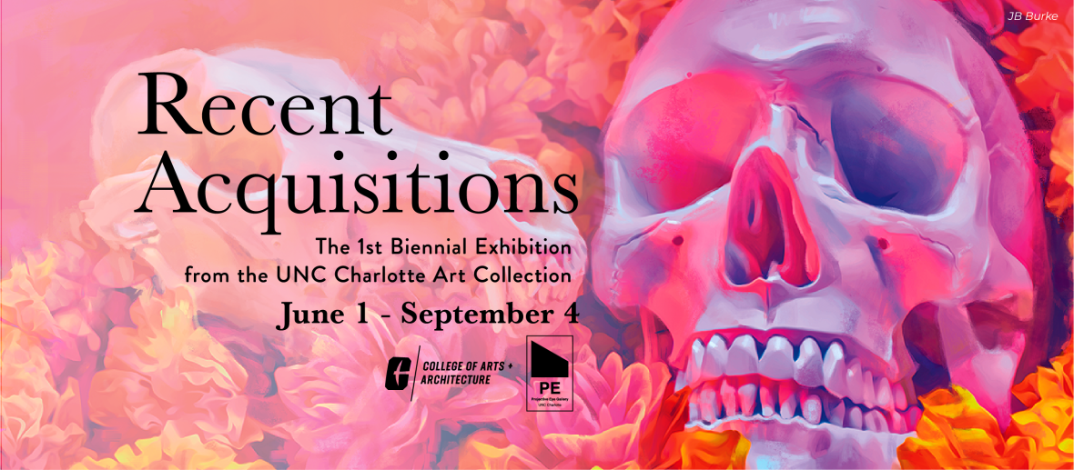 Details of a work by J.B. Burke, showing a pink skull, with text of the exhibition title and dates.