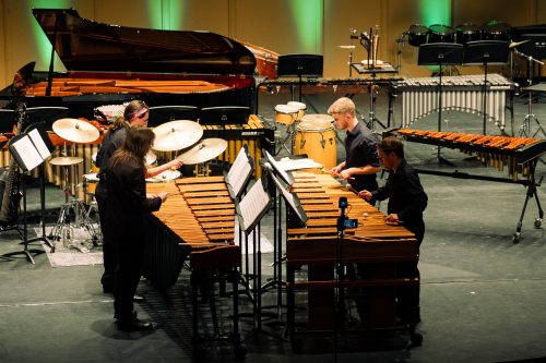 Quartet of students playing marimbas