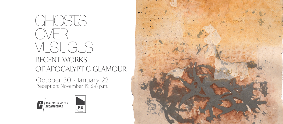 Promotional for Erik Waterkotte's exhibition, Ghosts over Vestiges, with a detail of one of his abstract prints.