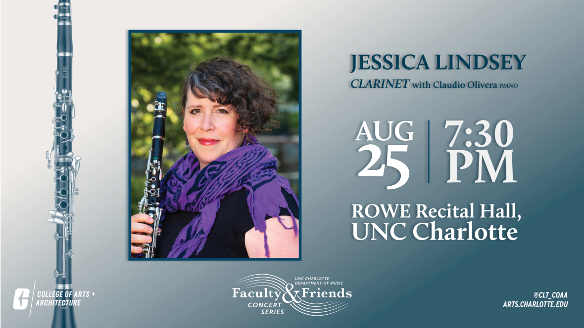 Poster image of Jessica Lindsey: a white woman holding a clarinet with a purple scarf around her neck