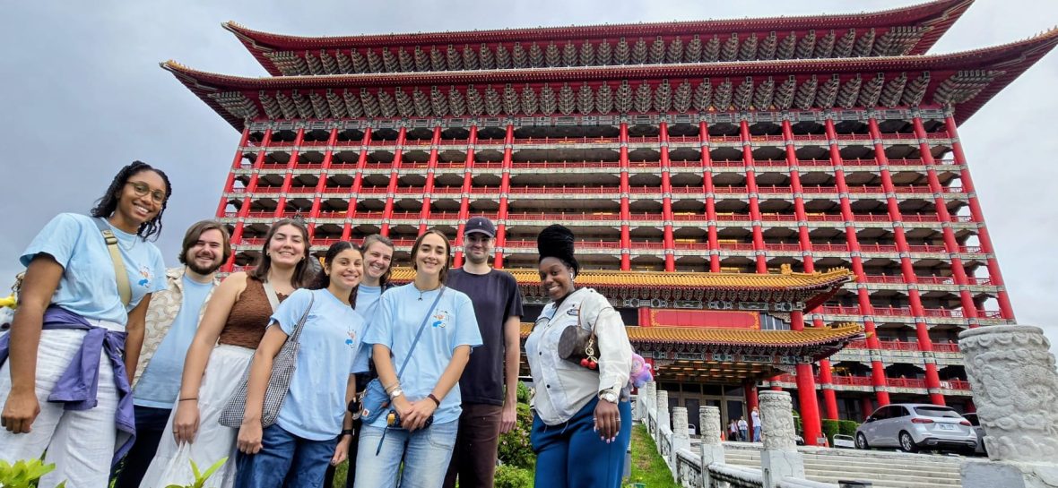 Group of students in front of a building in Taipei, Taiwan