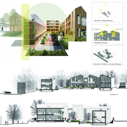 Renderings and drawings of the cross sections of the Ensemble of Living buildings