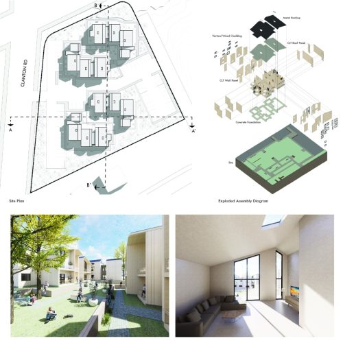 house diagram and two renderings of the multi-family Ensemble of Living housing type