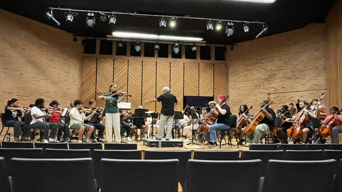 A rehearsal of the UNC Charlotte Orchestra with Emily Schmidt playing solo violin.