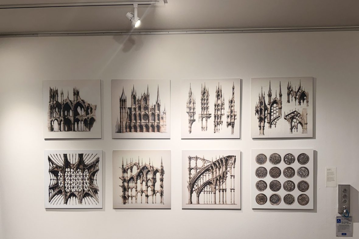 Eight panels on gallery wall, comprising "Gothic Diffusion," depicting elements of Gothic architecture.