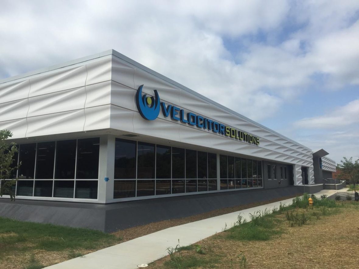 the fiberglass cladding exterior of the Velocitor Solutions building in Charlotte.