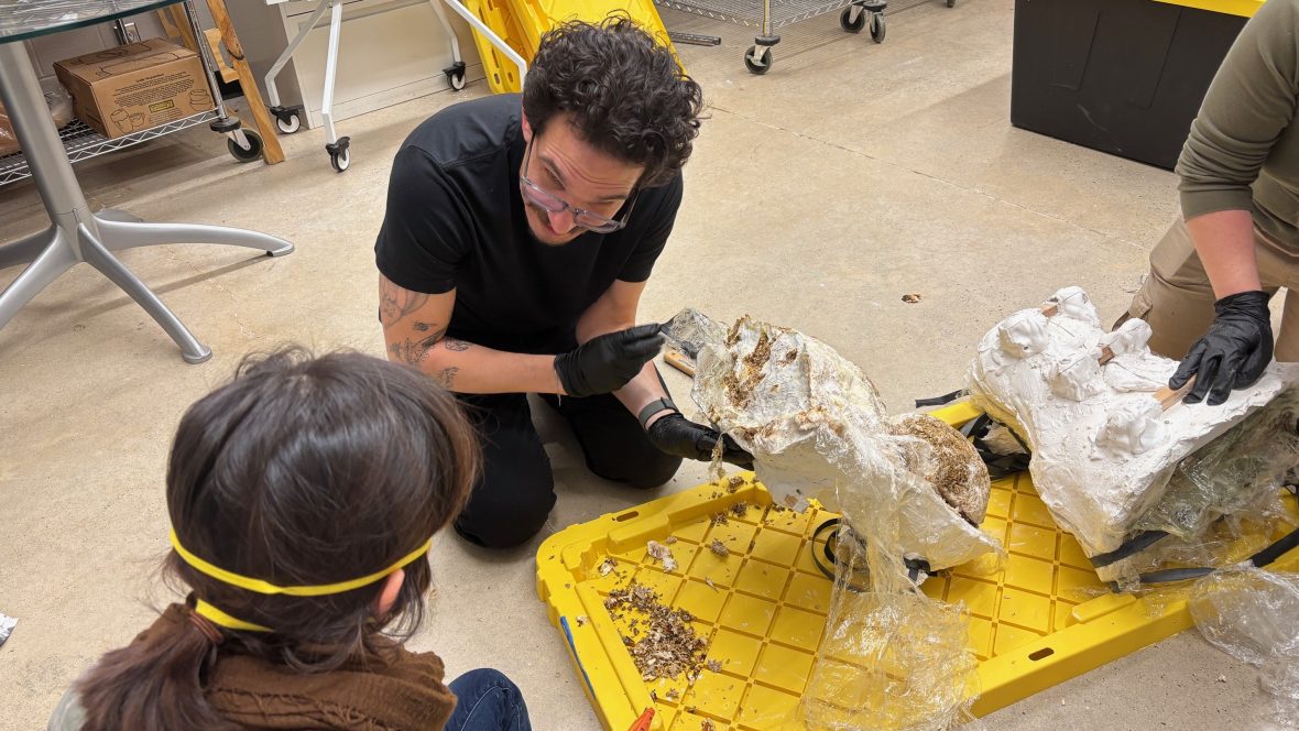Jonathan Dessi-Olive on his knees in his lab in Storrs shows an art student how mold has begun to grow on her sculpture made of mycelium.