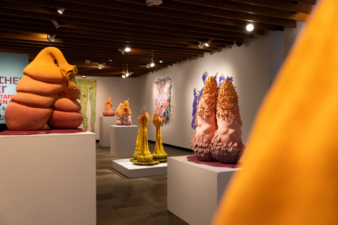a view into the lower gallery in Rowe Arts with the exhibition, "Another Other," which shows colorful whimsical sculptures and wall hangings.