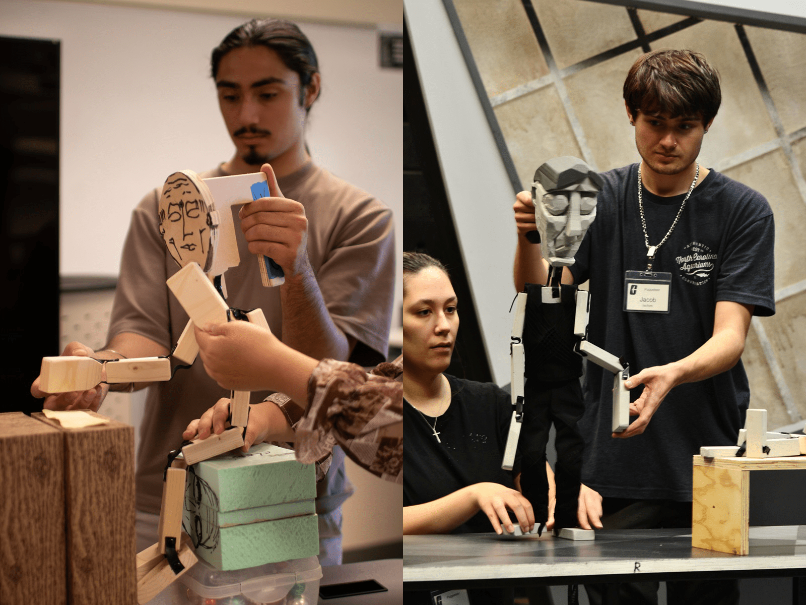composite image of students Diego Milner and Jacob Scannell operating puppets