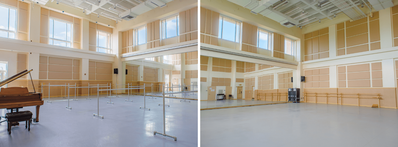 two photos of our robinson studio 115 with bright windows and ballet barres