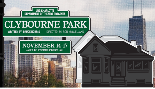 Clybourne Park poster, a street sign with Chicago skyline behind