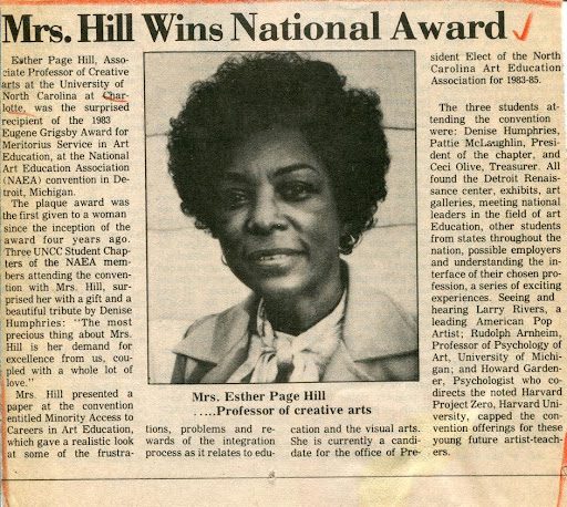 old newspaper clipping announcing faculty Esther Page Hill's award