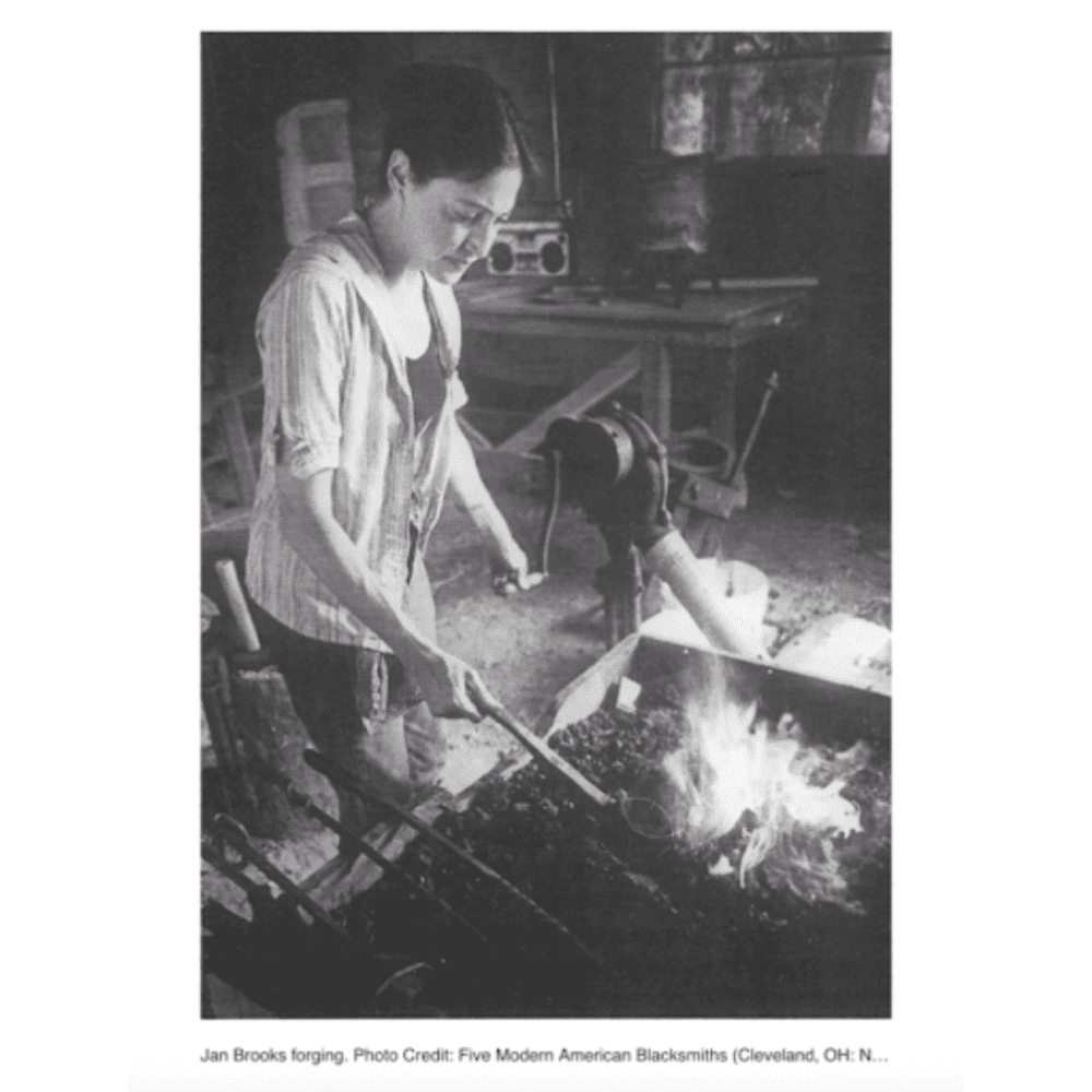 old photograph of Jan Brooks Loyd forging metal